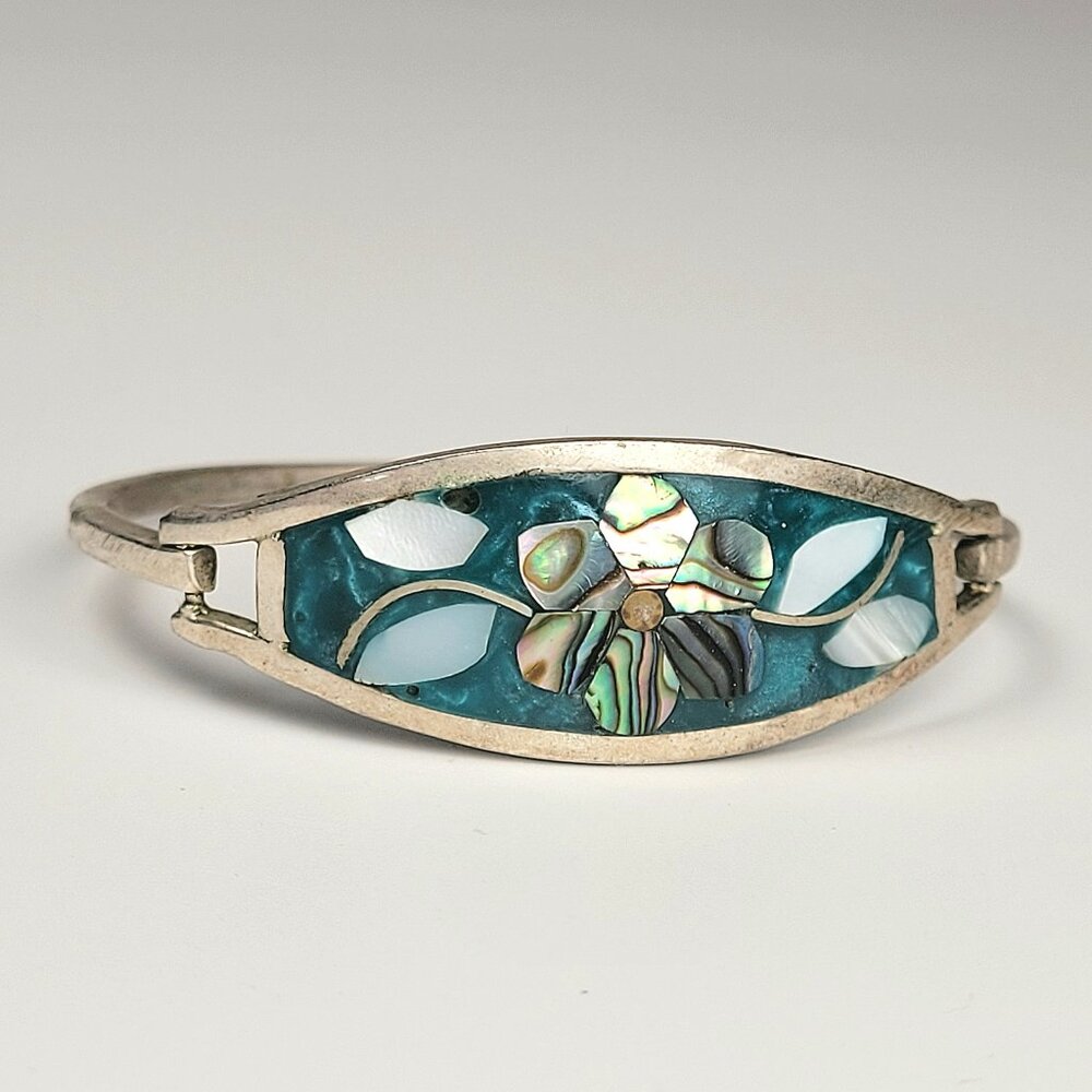 Vintage Alpaca Mexico Bracelet with Mother of Pearl & Abalone Inlay Flower 7"